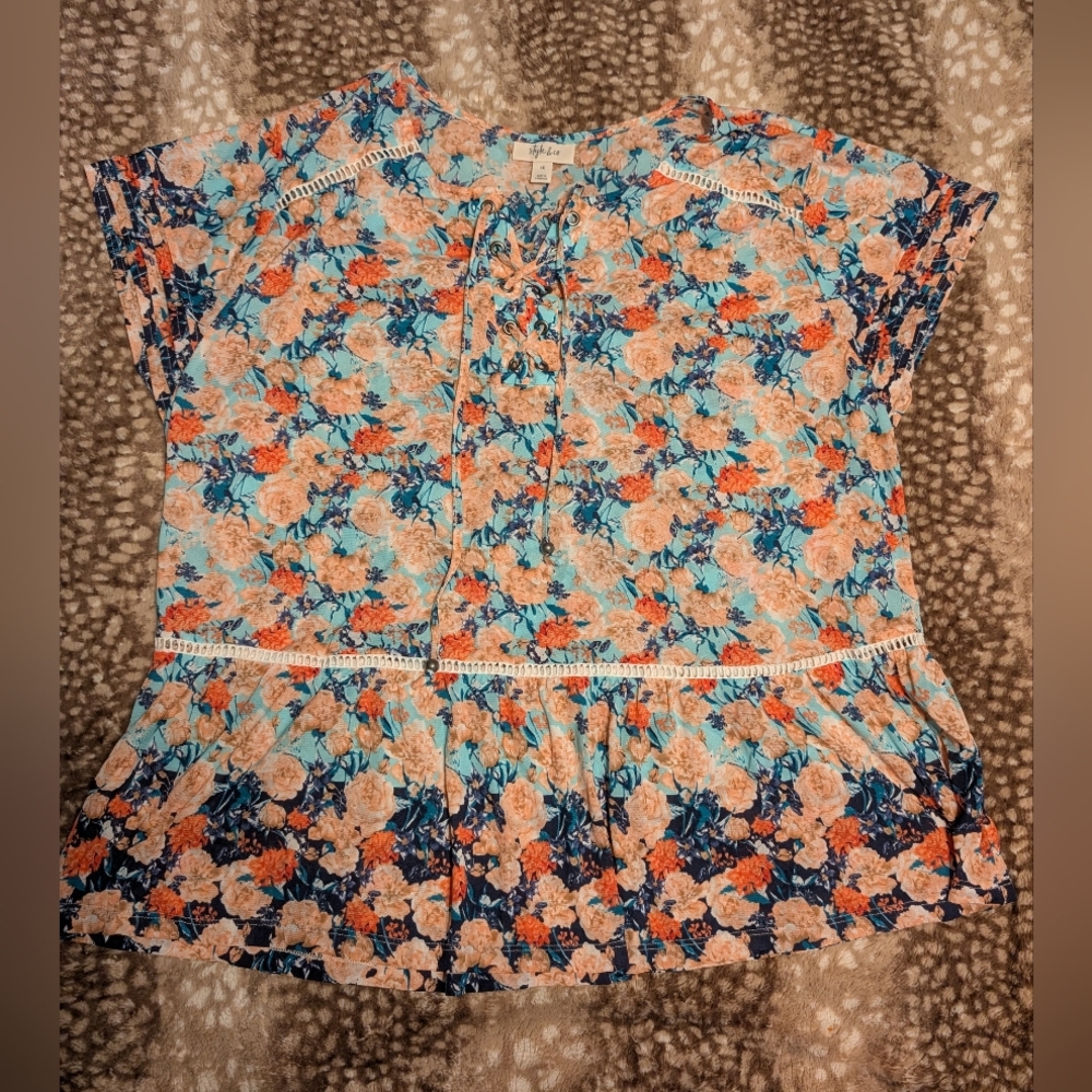 Style & Co. Floral Ruffle Hem Crochet Detail Floral Blouse 1X XL